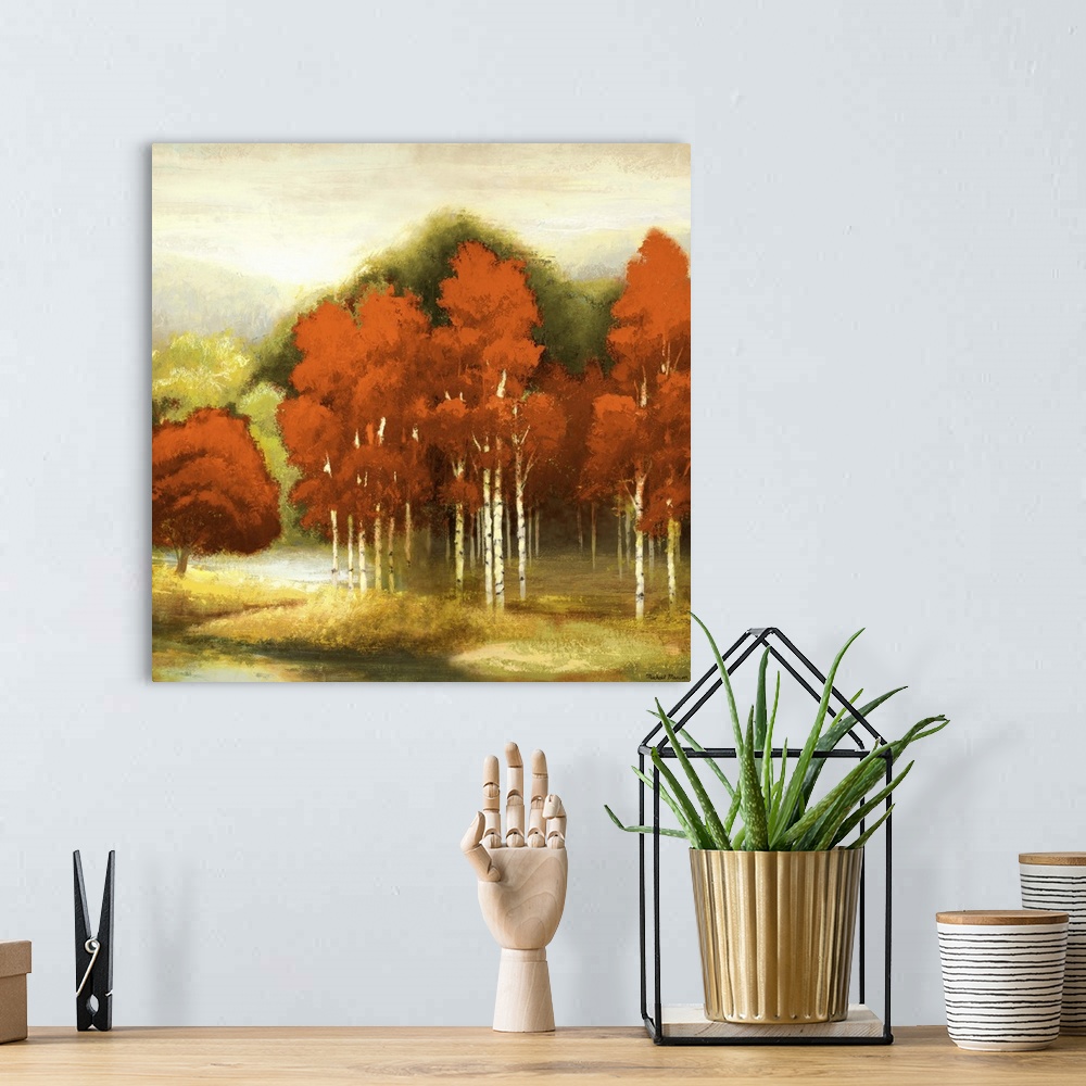 A bohemian room featuring A contemporary landscape painting of red birch trees with a sponge-like texture.