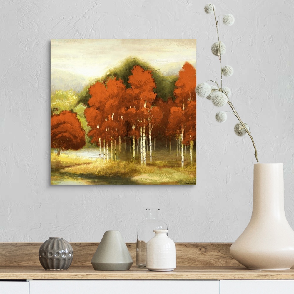 A farmhouse room featuring A contemporary landscape painting of red birch trees with a sponge-like texture.