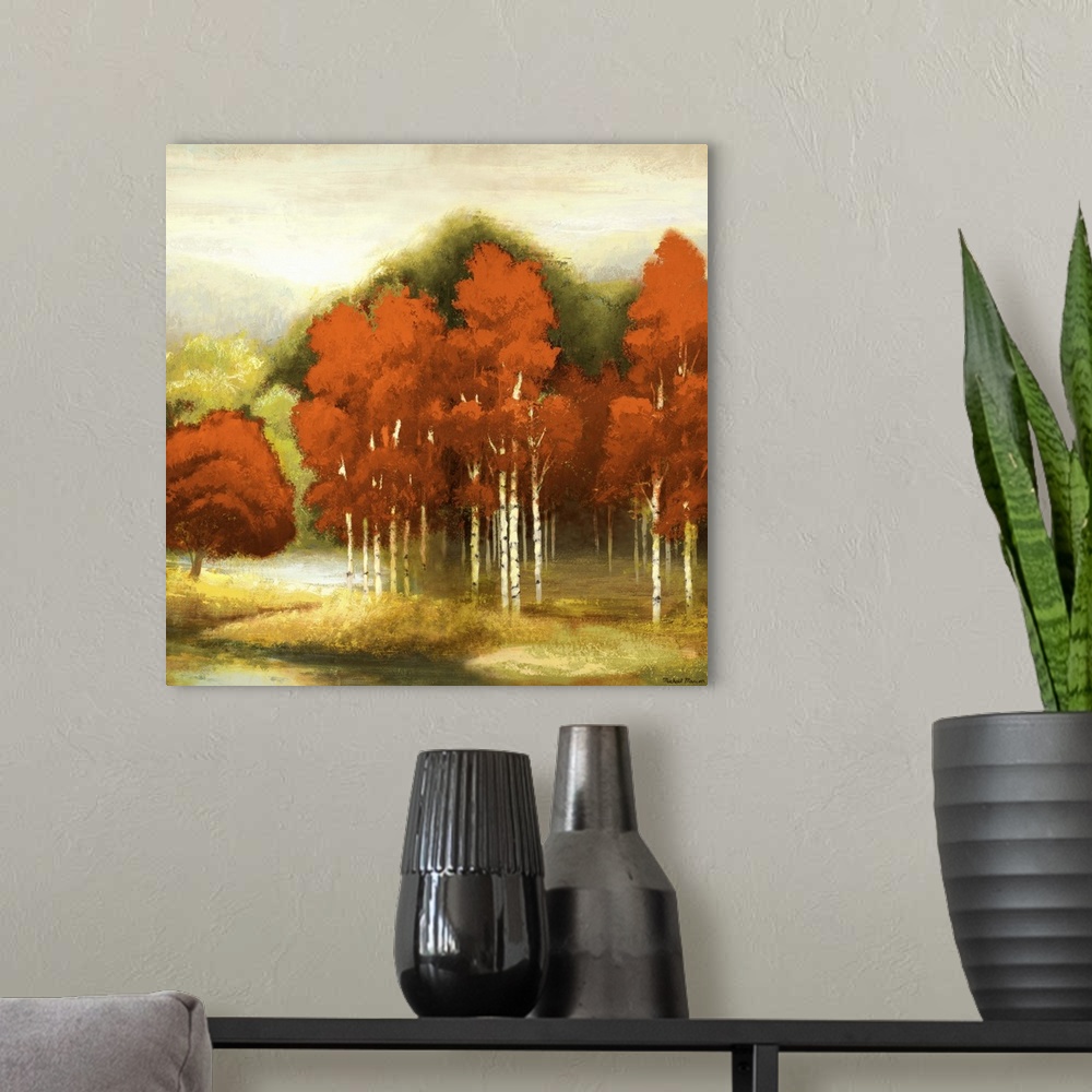 A modern room featuring A contemporary landscape painting of red birch trees with a sponge-like texture.
