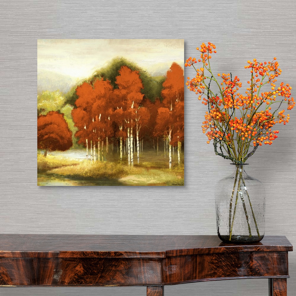 A traditional room featuring A contemporary landscape painting of red birch trees with a sponge-like texture.