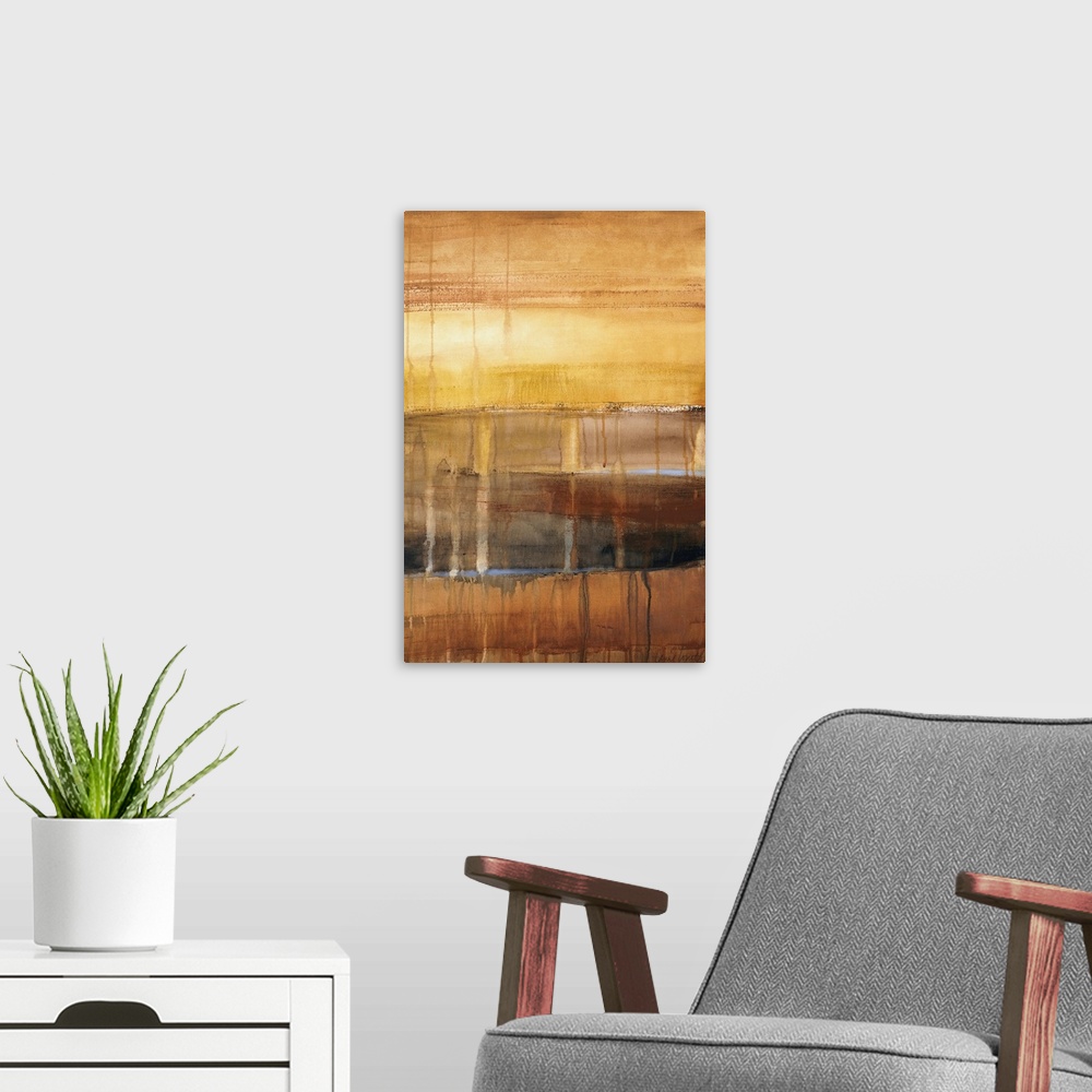 A modern room featuring Abstract painting in natural colors, featuring paint running down the canvas through horizontal b...