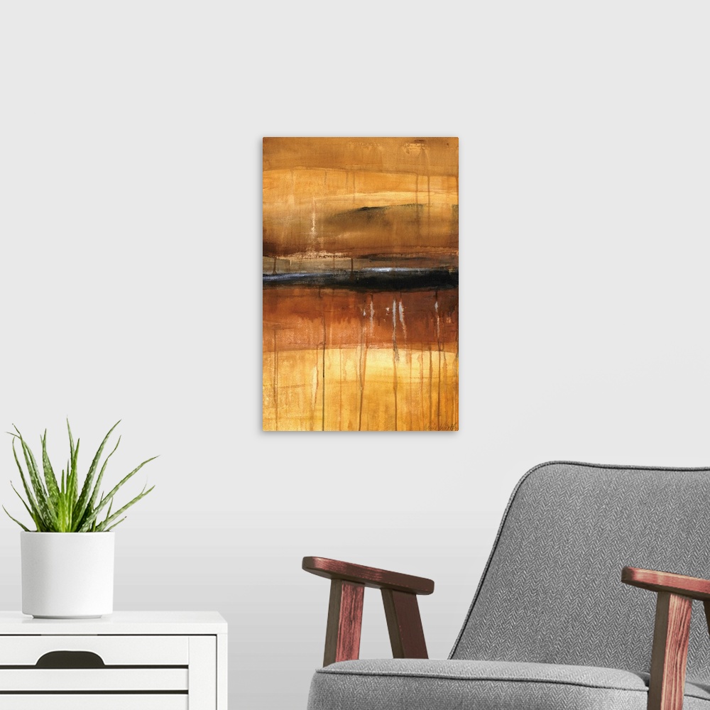 A modern room featuring Vertical, abstract painting for a living room or office of large, horizontal brushstrokes in tran...