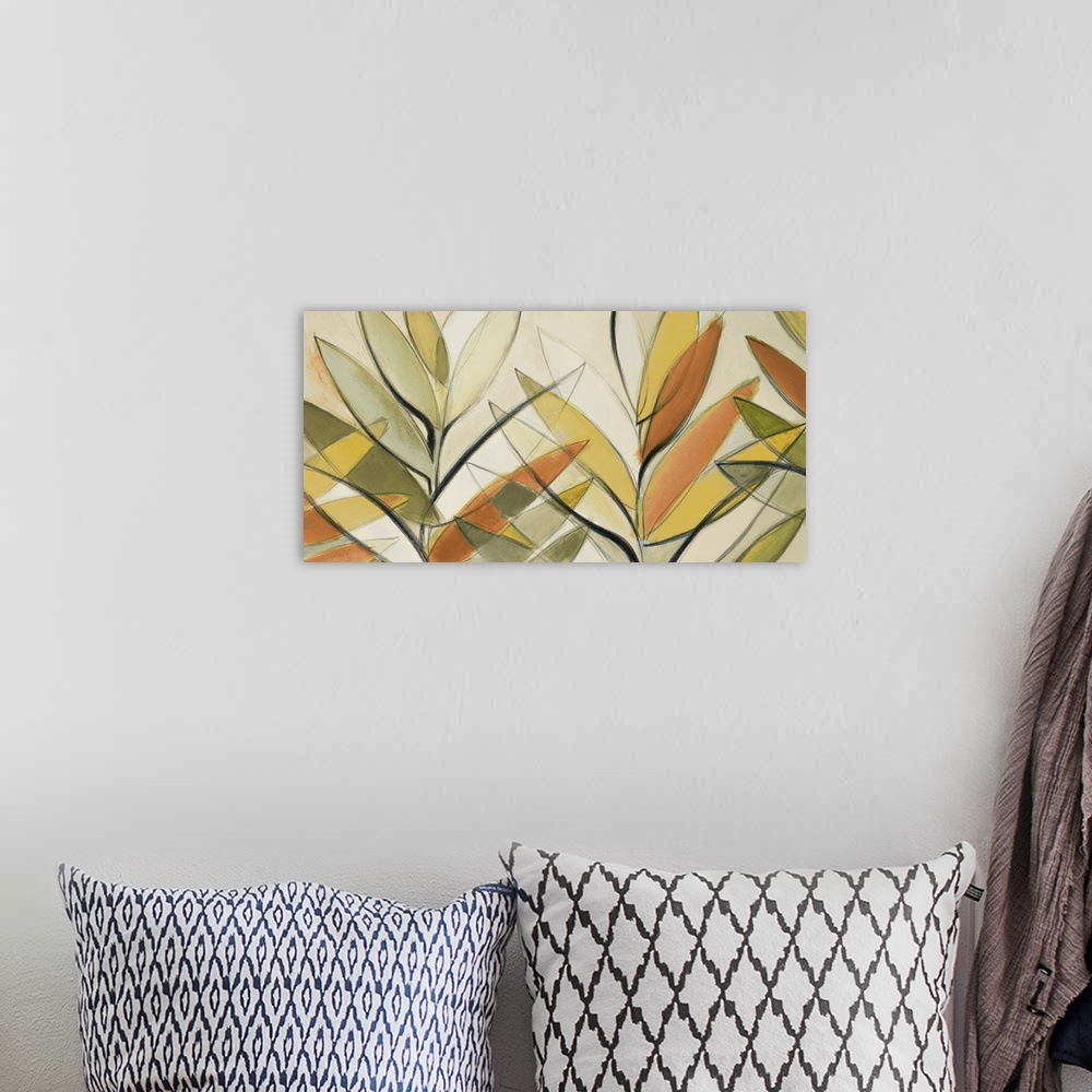 A bohemian room featuring Semi-abstract painting of colorful intersecting palm leaves.