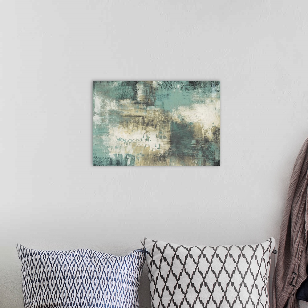 A bohemian room featuring A contemporary abstract painting with teal, white, black, and tan hues.