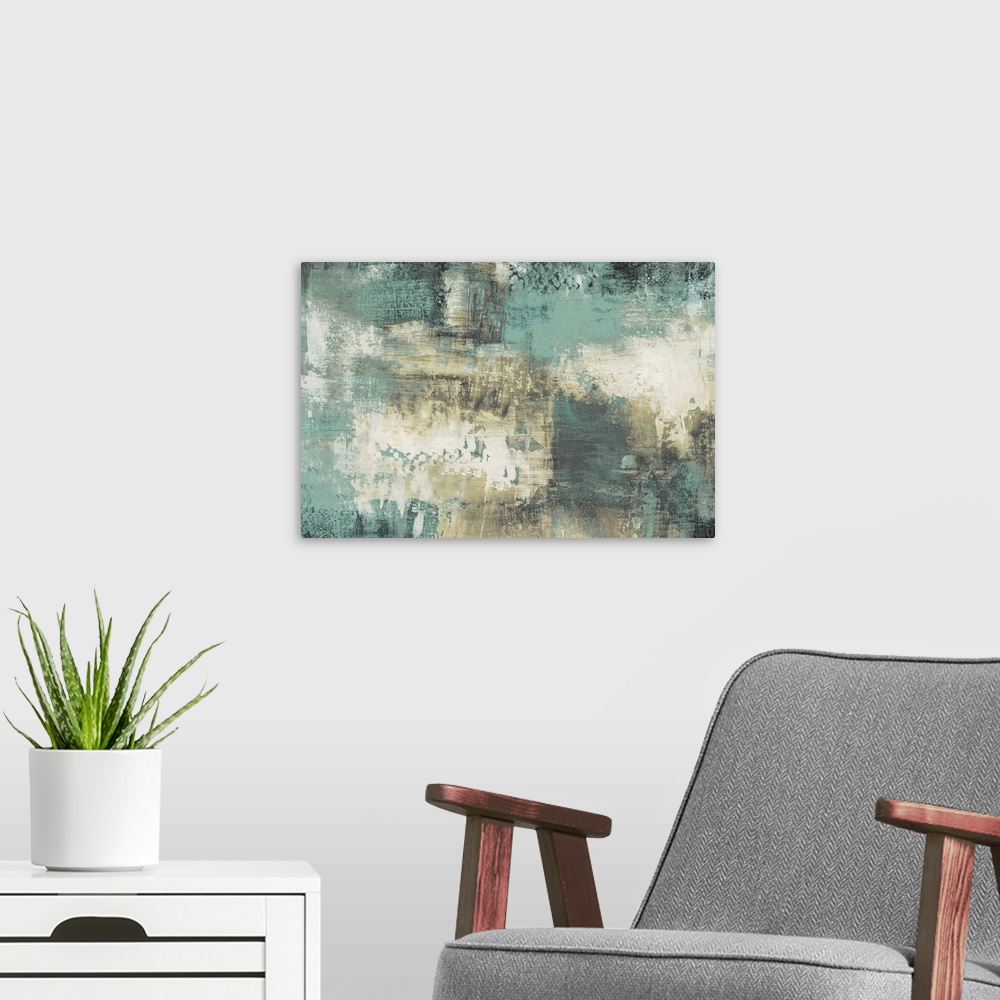 A modern room featuring A contemporary abstract painting with teal, white, black, and tan hues.