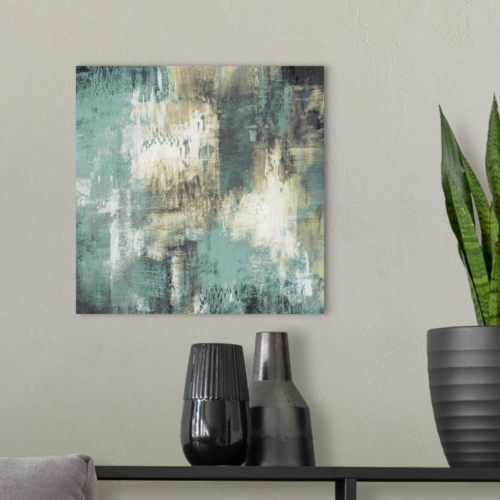 A modern room featuring A contemporary abstract painting with teal, brown, and white hues layered on top of each other.