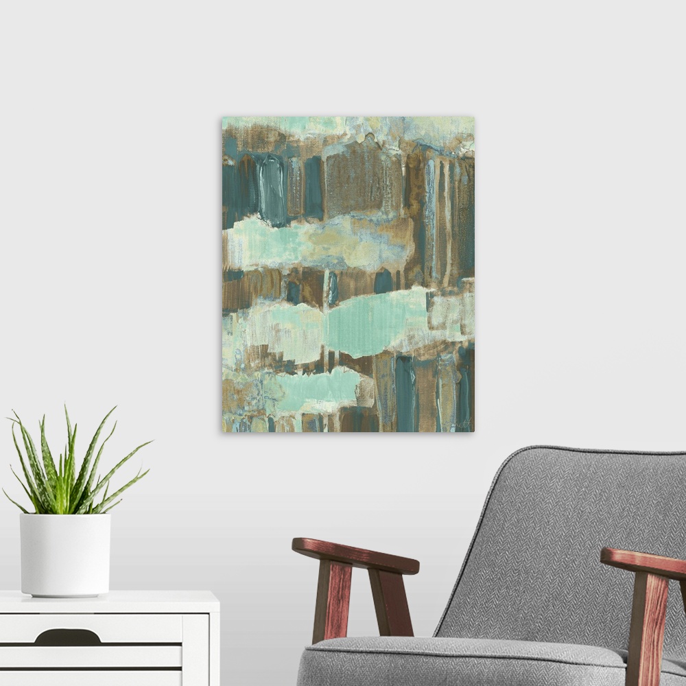 A modern room featuring Abstract art in earthy shades of blue and brown.