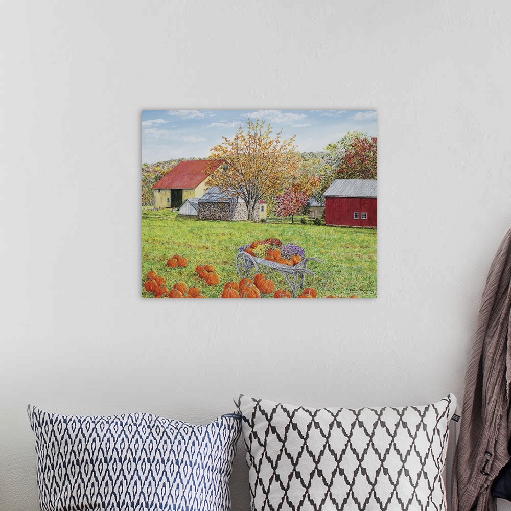 A bohemian room featuring A contemporary landscape painting of a farm in autumn with pumpkins and a red barn.