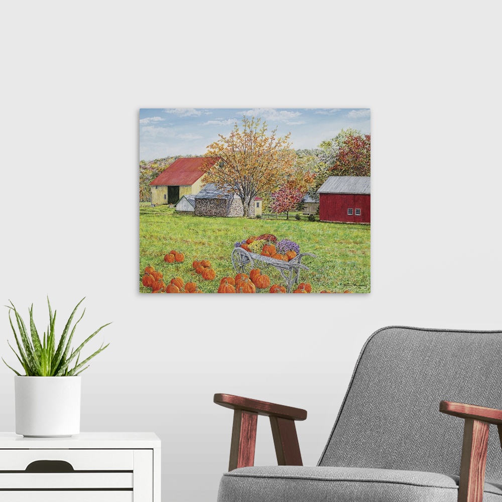 A modern room featuring A contemporary landscape painting of a farm in autumn with pumpkins and a red barn.