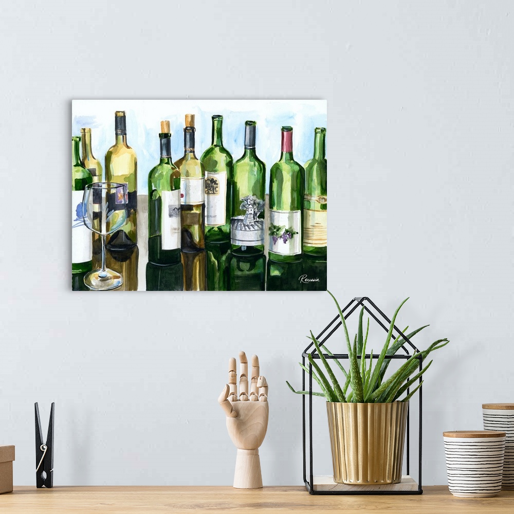 A bohemian room featuring Contemporary painting of a collection of green and brown wine bottles.