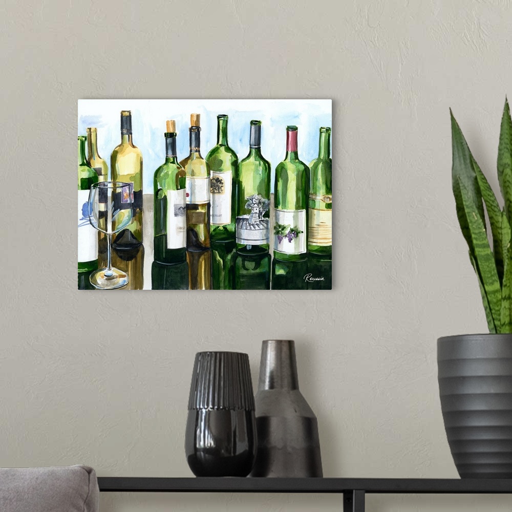 A modern room featuring Contemporary painting of a collection of green and brown wine bottles.