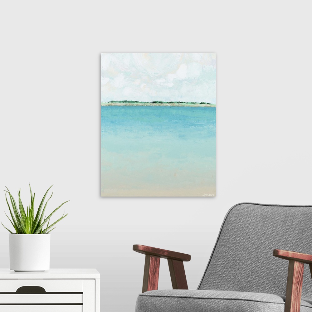 A modern room featuring View of a distant island across cool blue water.