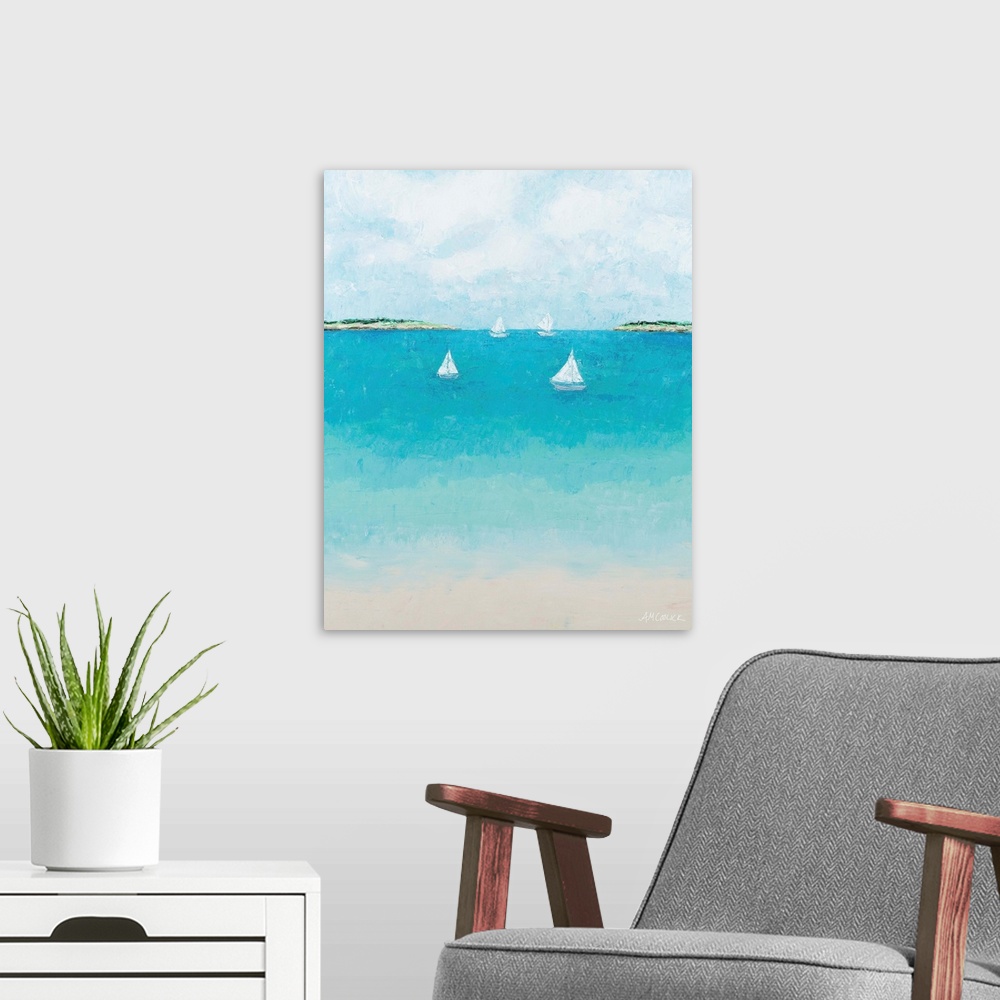 A modern room featuring Four tiny white sailboats on cool blue water.