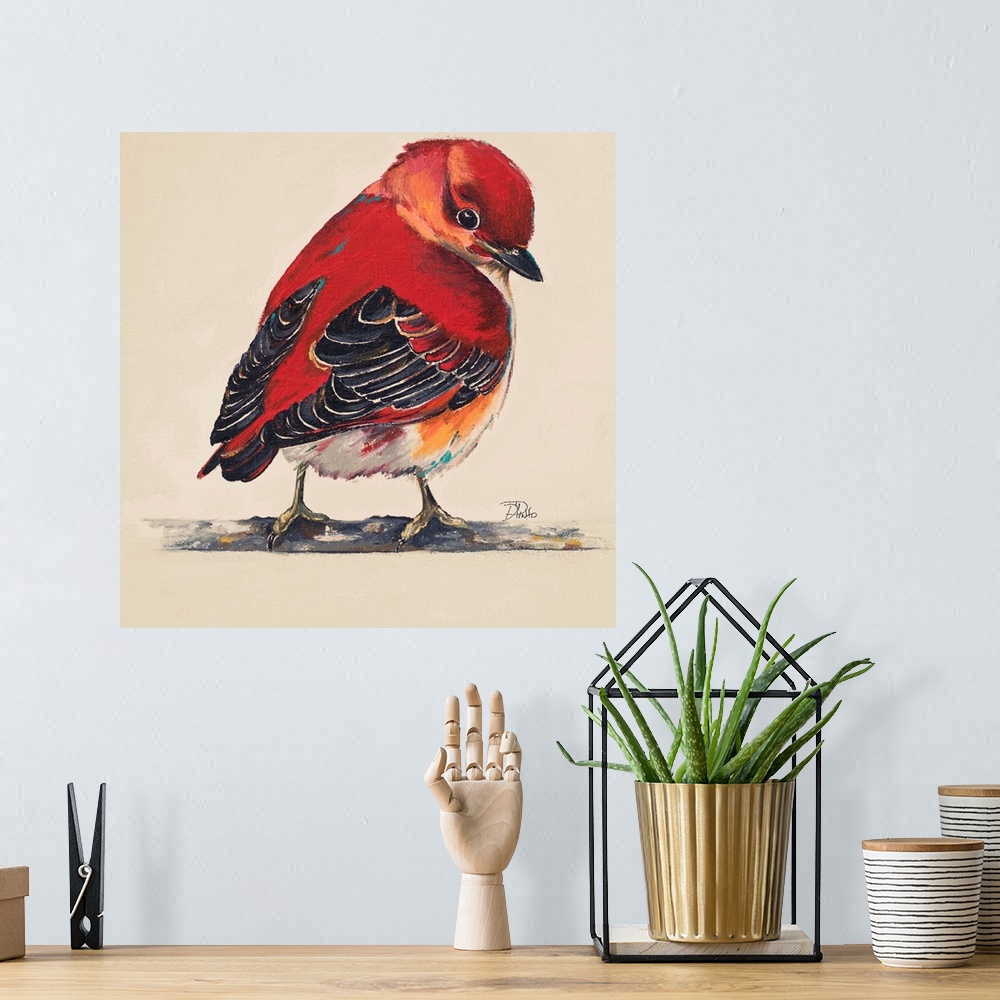A bohemian room featuring Painting of a bright red little bird perched on a twig.