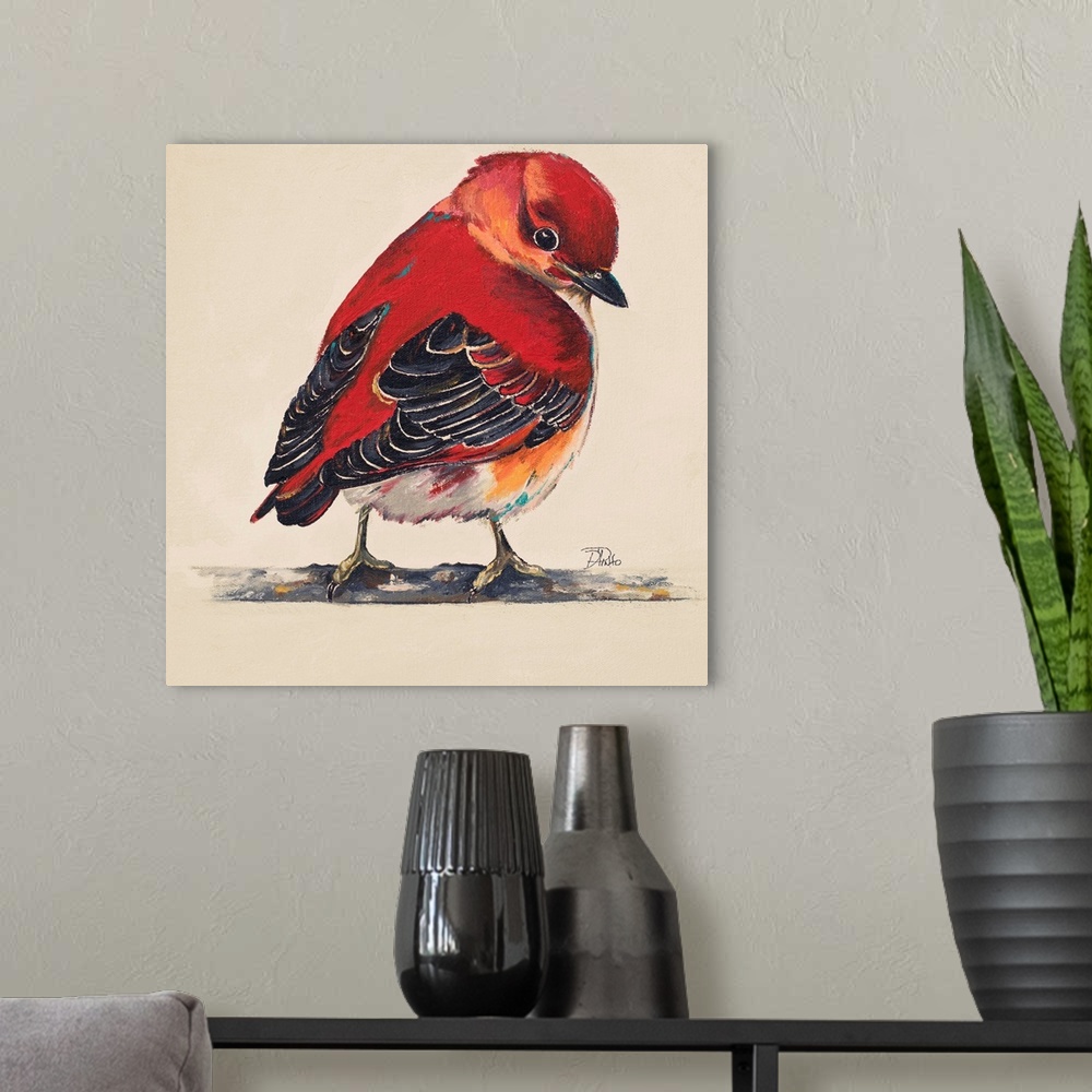 A modern room featuring Painting of a bright red little bird perched on a twig.