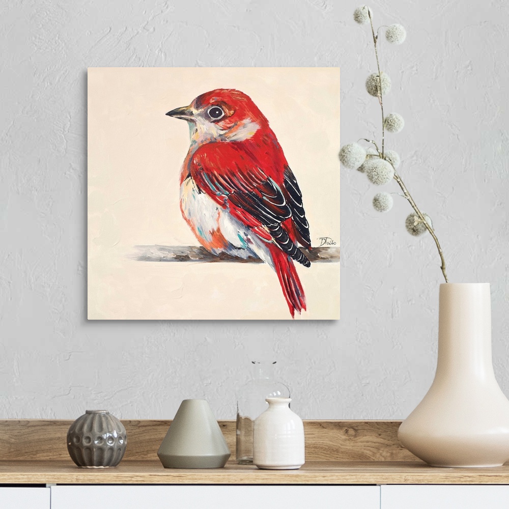 A farmhouse room featuring Painting of a bright red little bird perched on a twig.