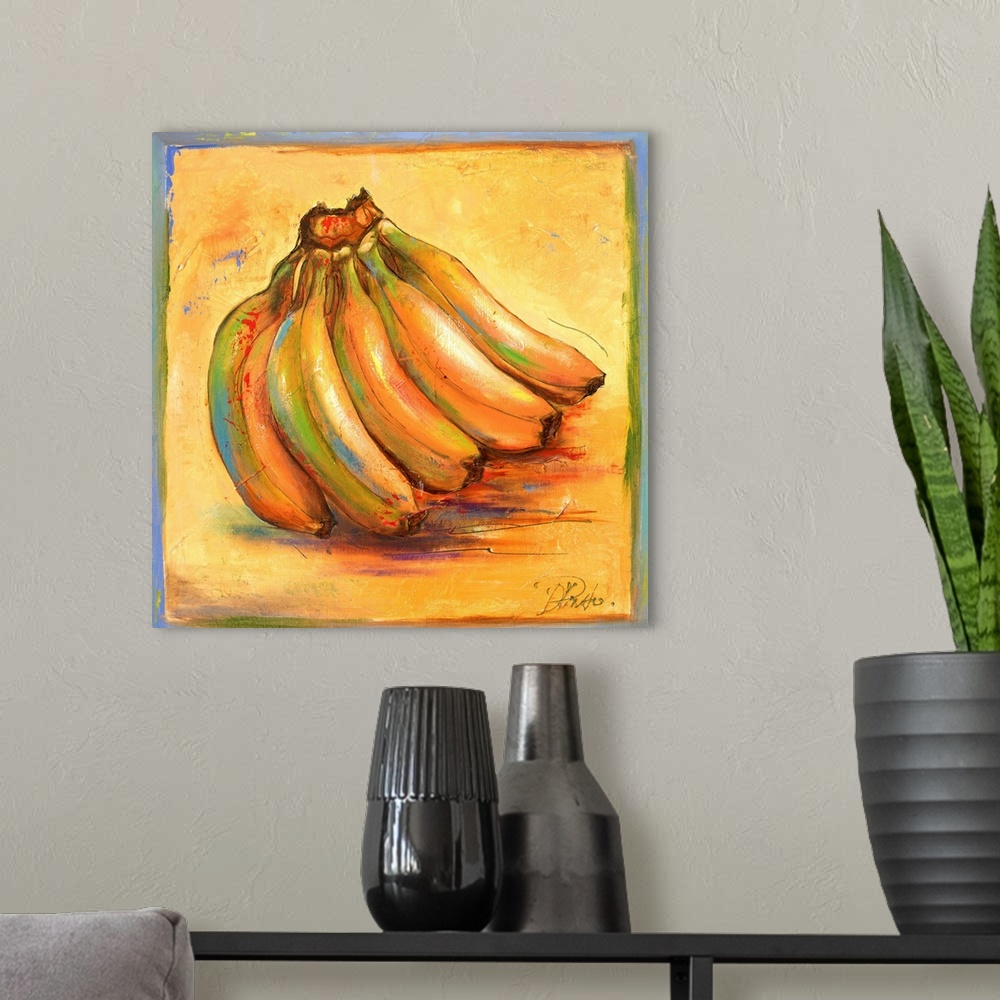 A modern room featuring A warm contemporary still life painting of bananas with colorful highlights and some paint splatter.