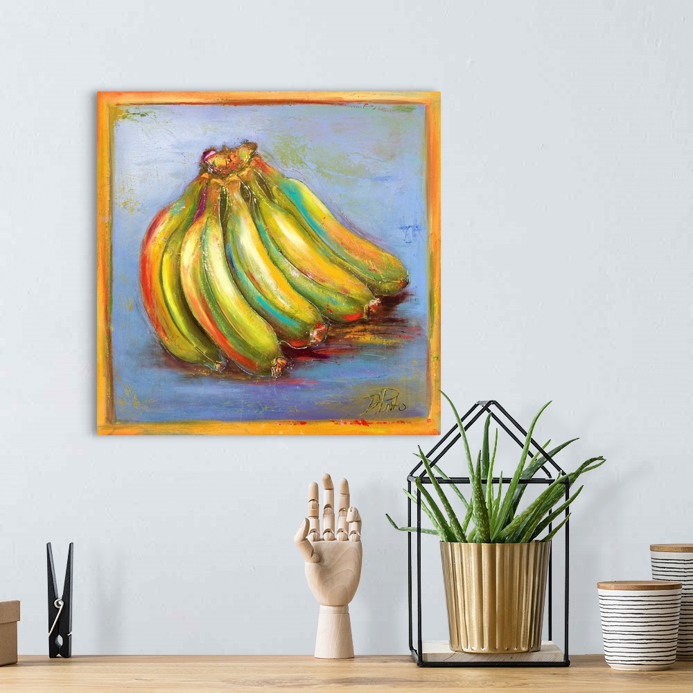 A bohemian room featuring A cool contemporary still life painting of bananas with colorful highlights and some paint splatter.