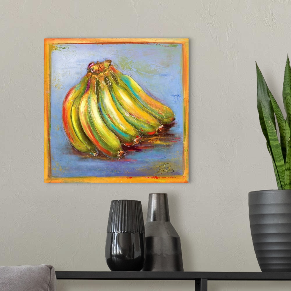 A modern room featuring A cool contemporary still life painting of bananas with colorful highlights and some paint splatter.
