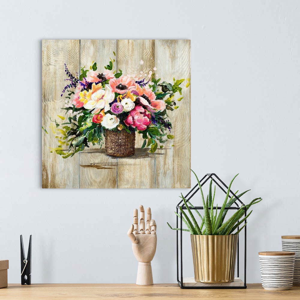 A bohemian room featuring Basket With Flowers