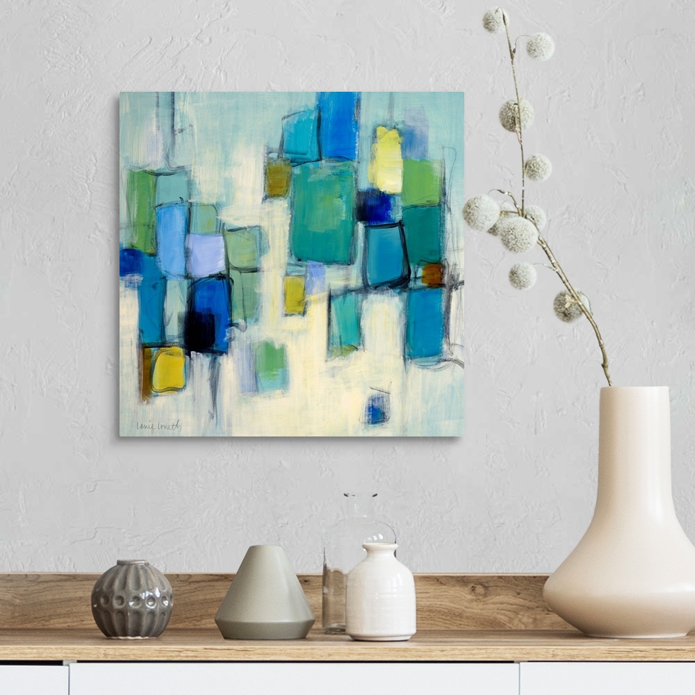 A farmhouse room featuring Big abstract art uses a variety of cool toned rectangles and squares to contrast the simple backg...