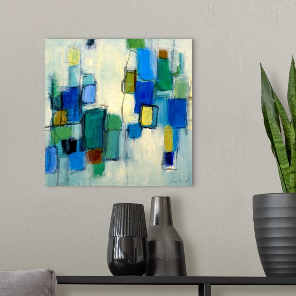 A modern room featuring Abstract painting of several organic shapes in cool tones, reminiscent of coastal waters.