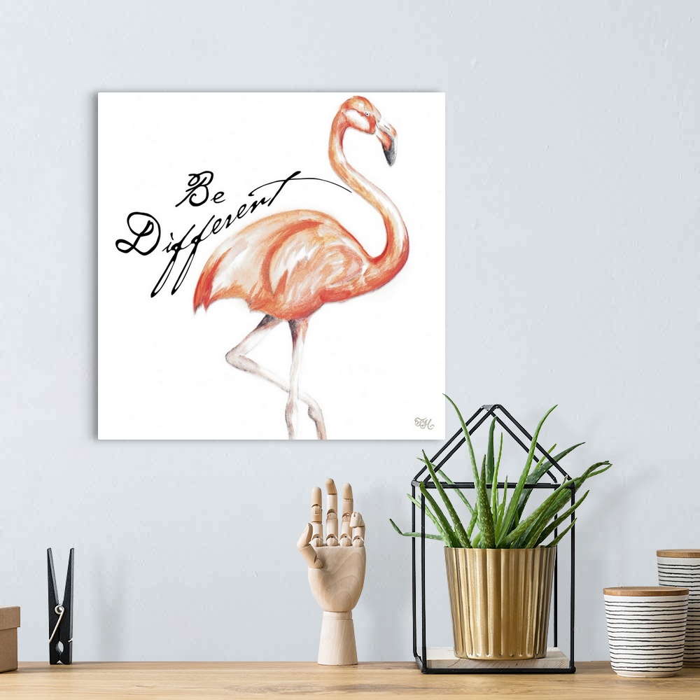 A bohemian room featuring Square illustration of a pink flamingo with the phrase "Be Different" written on the side in black.