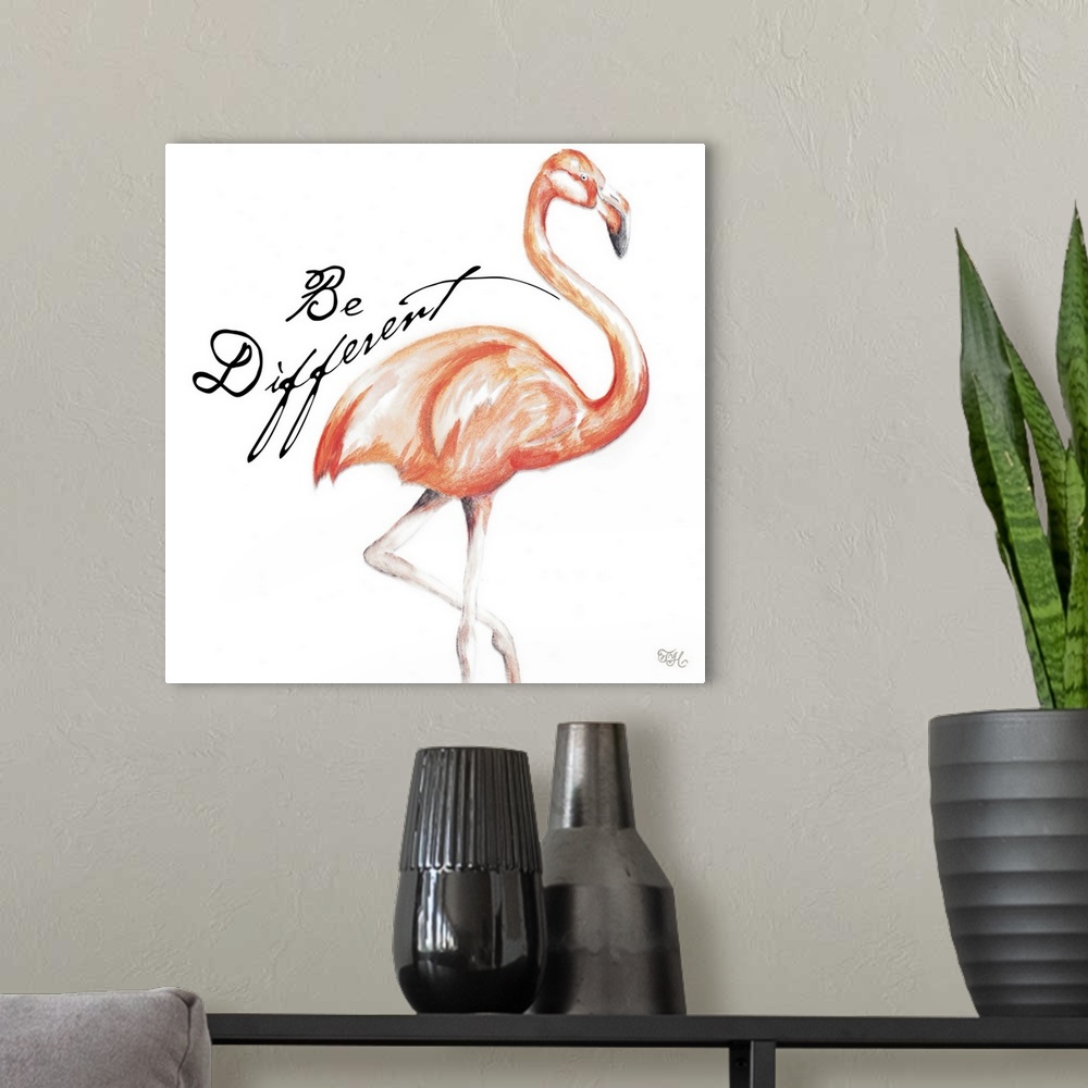 A modern room featuring Square illustration of a pink flamingo with the phrase "Be Different" written on the side in black.