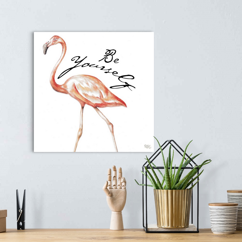 A bohemian room featuring Square illustration of a pink flamingo with the phrase "Be Yourself" written on the side in black.