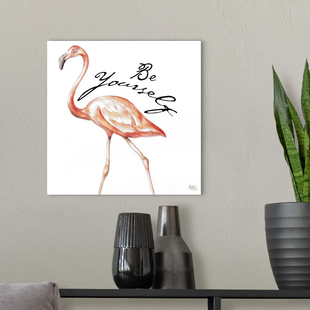 A modern room featuring Square illustration of a pink flamingo with the phrase "Be Yourself" written on the side in black.