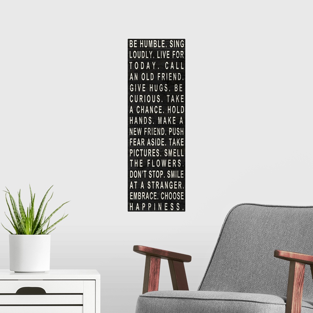 A modern room featuring Panoramic inspirational art filled with text describing how to be modest.  Artist places the ligh...