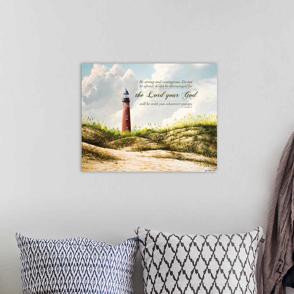 A bohemian room featuring Contemporary painting of a red light house on the edge of grassy dunes, with clouds in the sky, a...