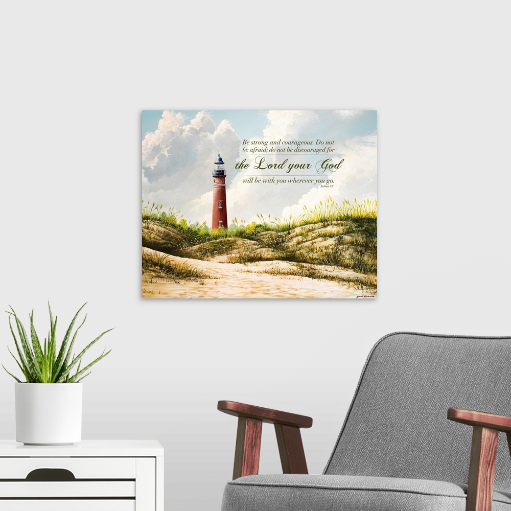 A modern room featuring Contemporary painting of a red light house on the edge of grassy dunes, with clouds in the sky, a...