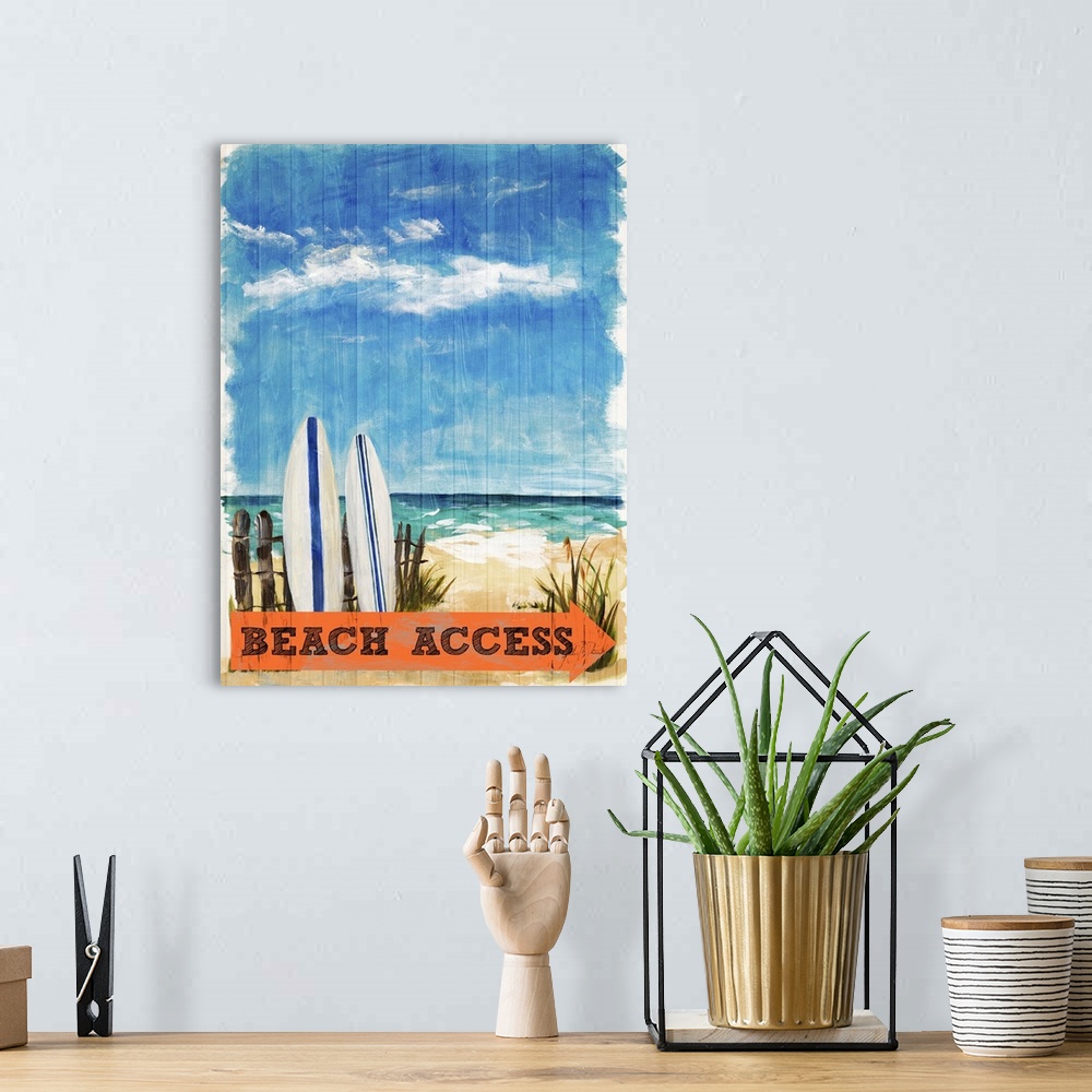 A bohemian room featuring Contemporary painting of two surf boards leaning up against a wooden fence on the beach with an o...