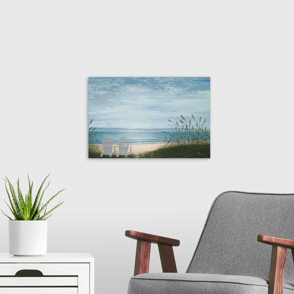 A modern room featuring Contemporary painting of two adirondack chairs in the sand overlooking the beach.