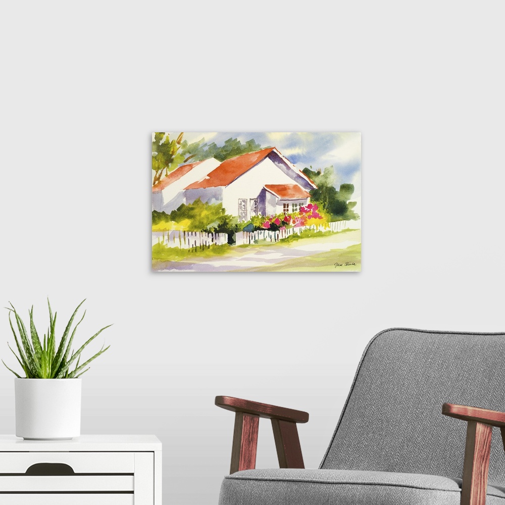 A modern room featuring Painting of a white beach house with a red roof.