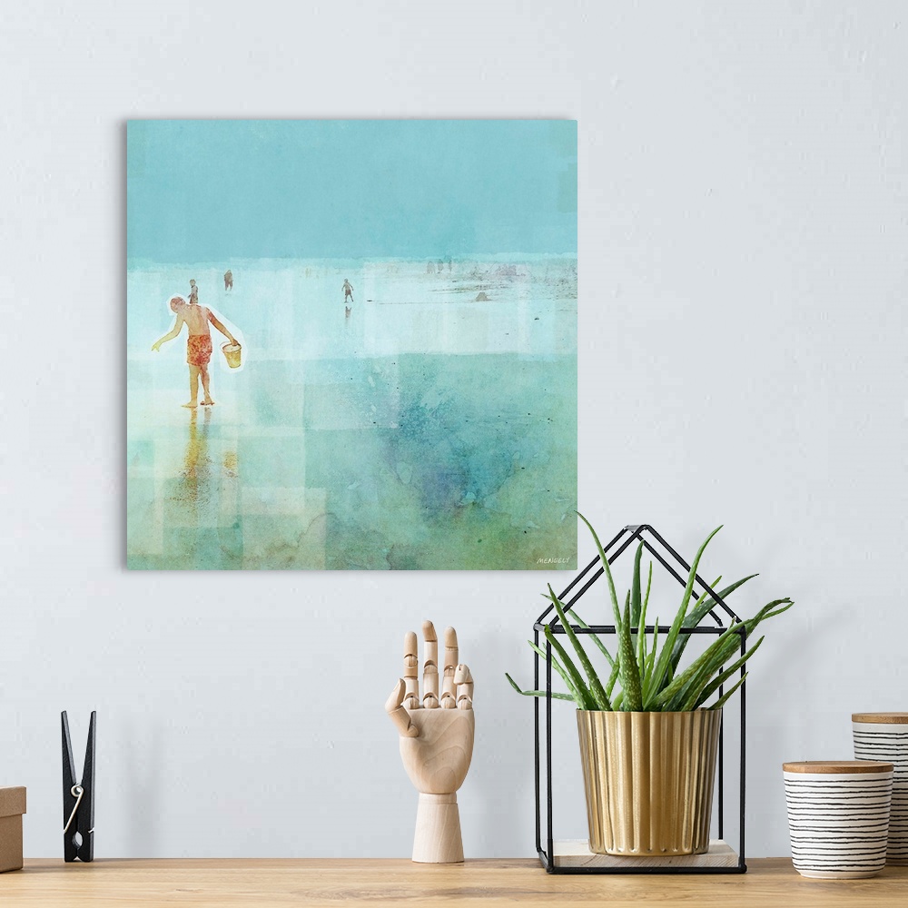 A bohemian room featuring Contemporary artwork of kids looking for sea shells at the beach featuring layers of texture and ...