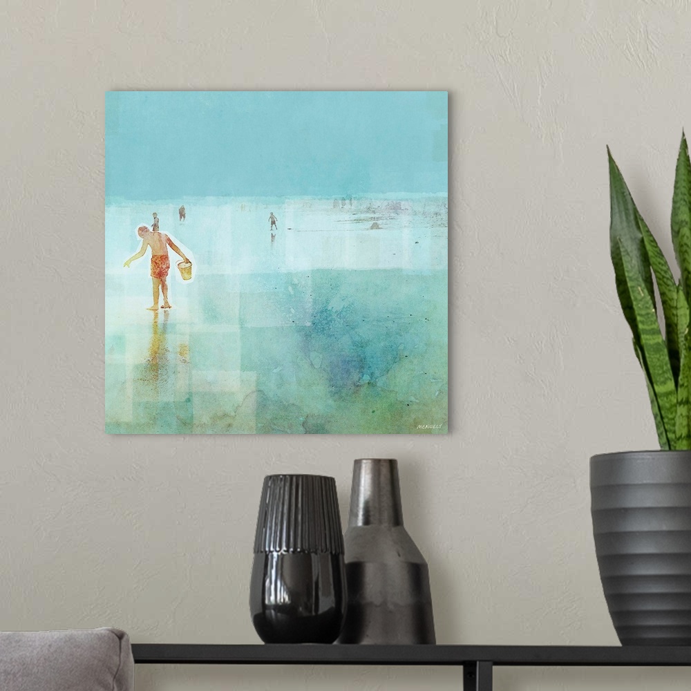 A modern room featuring Contemporary artwork of kids looking for sea shells at the beach featuring layers of texture and ...