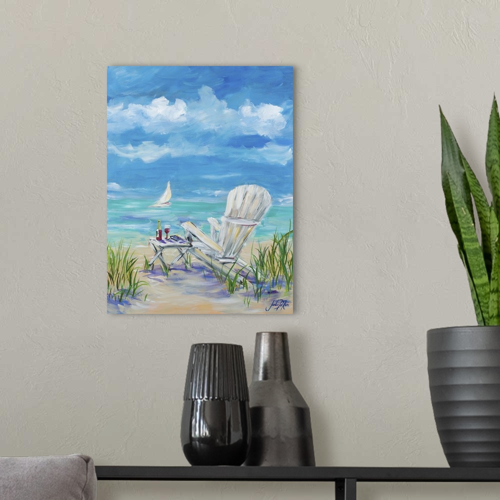 A modern room featuring Contemporary painting of a relaxing beach scene with a white beach chair and a table with red win...