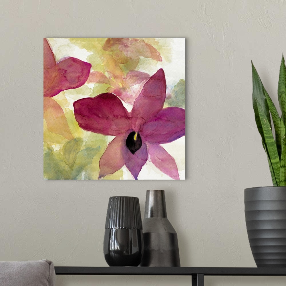 A modern room featuring Contemporary artwork featuring bright purple flowers against a mottled flower background.