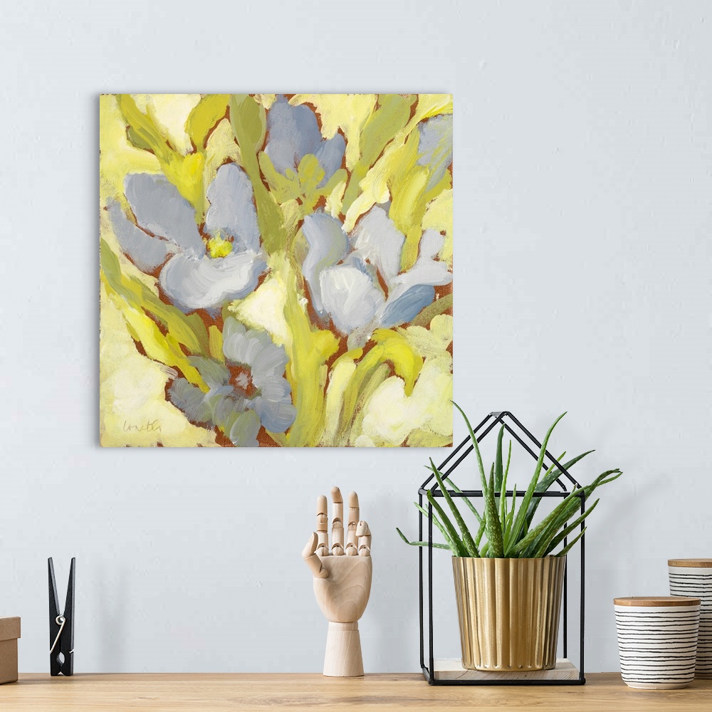 A bohemian room featuring Contemporary painting of a group of pale blue flowers.