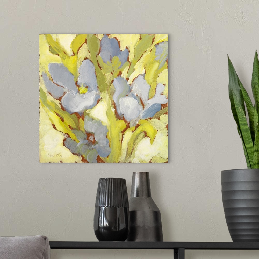 A modern room featuring Contemporary painting of a group of pale blue flowers.