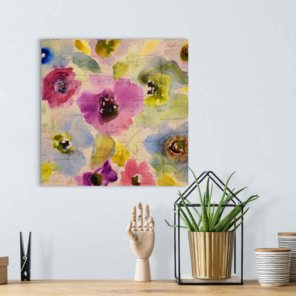 A bohemian room featuring A contemporary floral painting with sheet music in the background.