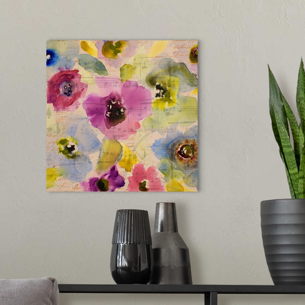 A modern room featuring A contemporary floral painting with sheet music in the background.