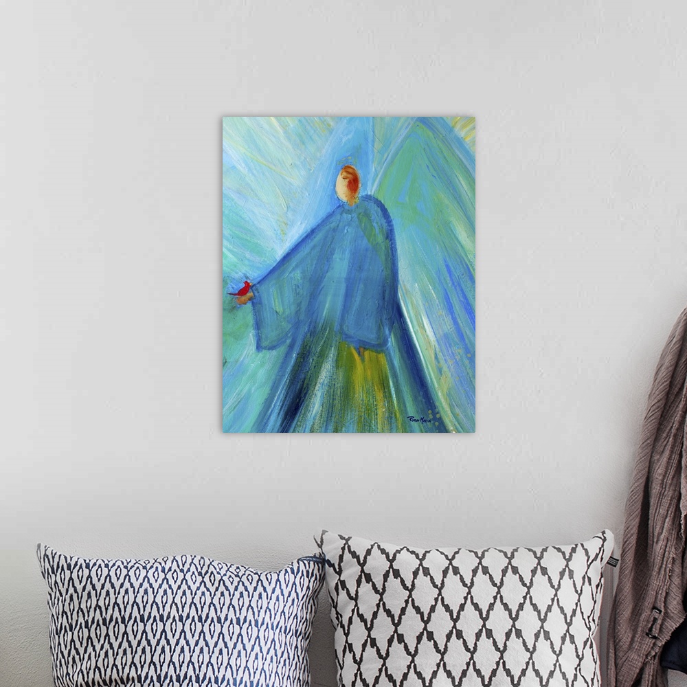 A bohemian room featuring An abstract painting of an Angel in blue holding a red cardinal.