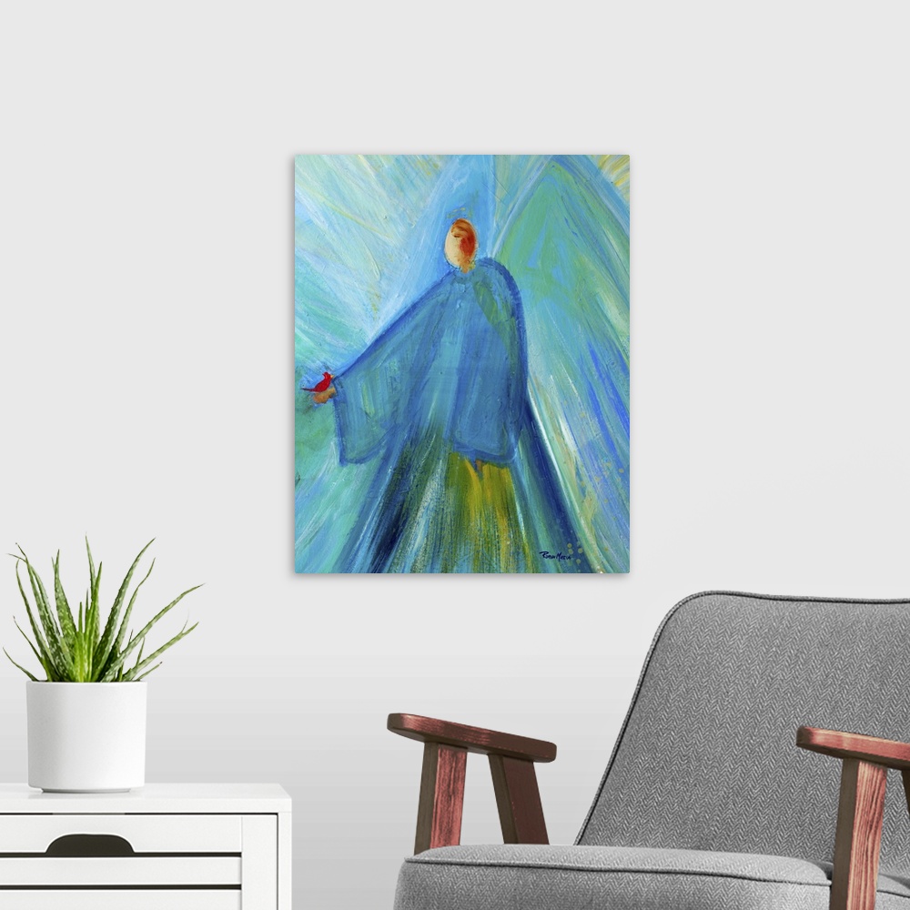 A modern room featuring An abstract painting of an Angel in blue holding a red cardinal.