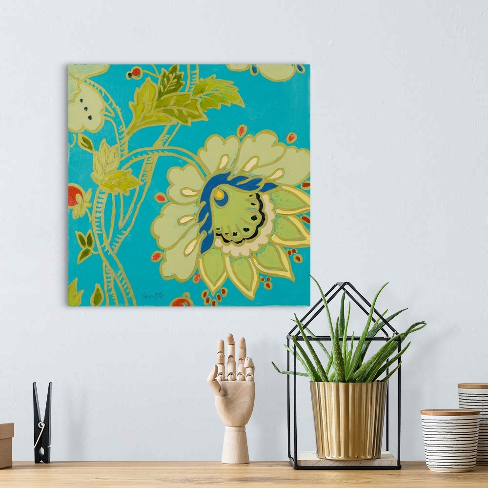 A bohemian room featuring A contemporary square floral painting with different shades of greens and blues, outlines in gold...