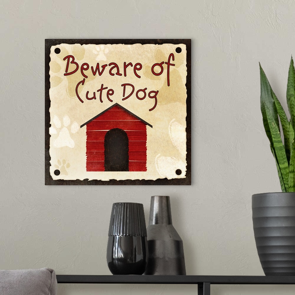 A modern room featuring Beware of Cute Dog