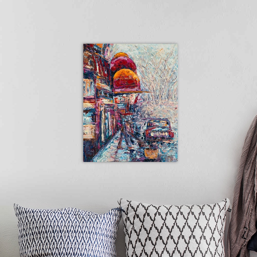 A bohemian room featuring Contemporary painting of a street in New York City during a snowstorm.