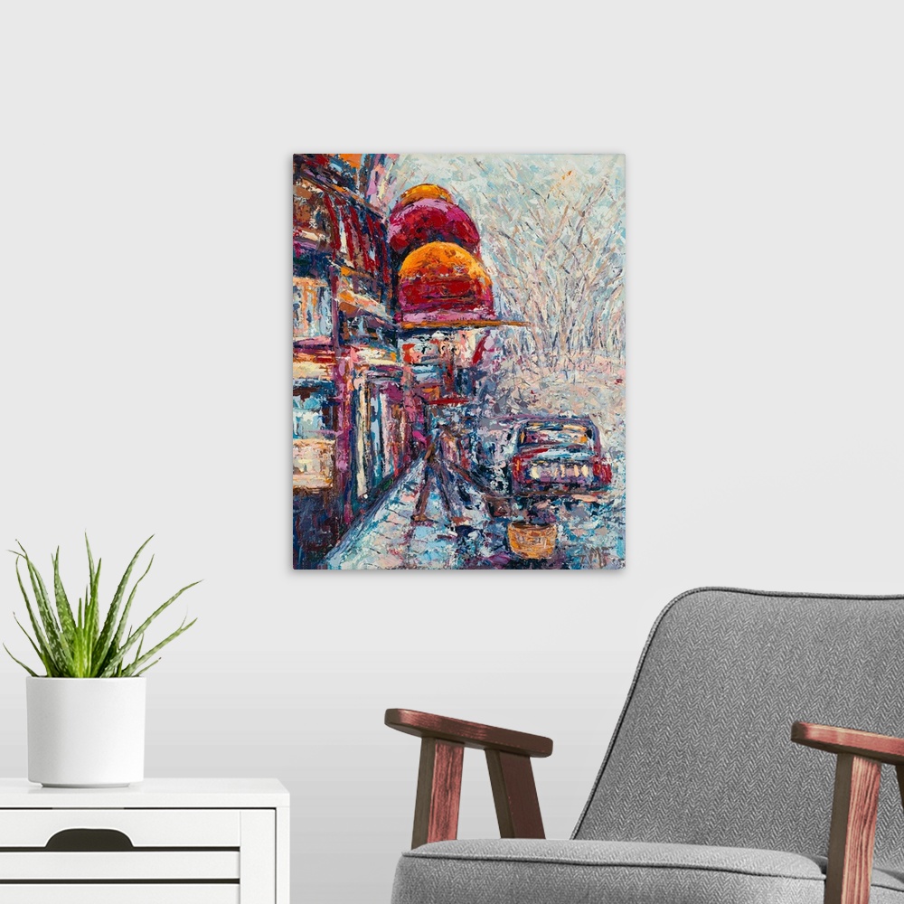A modern room featuring Contemporary painting of a street in New York City during a snowstorm.